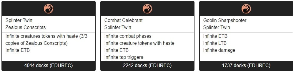 list of three Commander Spellbook combos with Splinter Twin