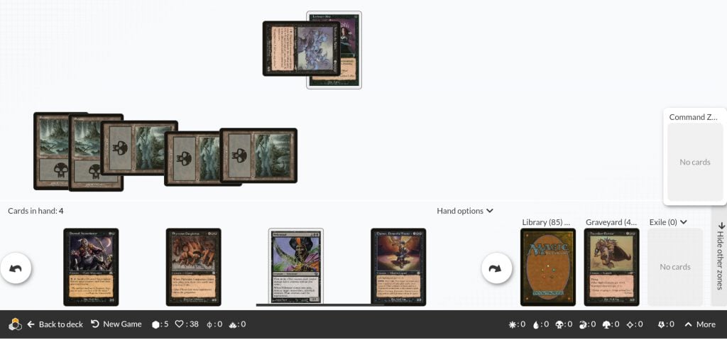 Goldfishing with Volrath the Fallen in the Archidekt Playtester. Volrath is enchanted with Leshrac's Rite, and is shown tapped and attacking. Ascendant Evincar is in the graveyard, having been discarded to resolve Volrath's ability.