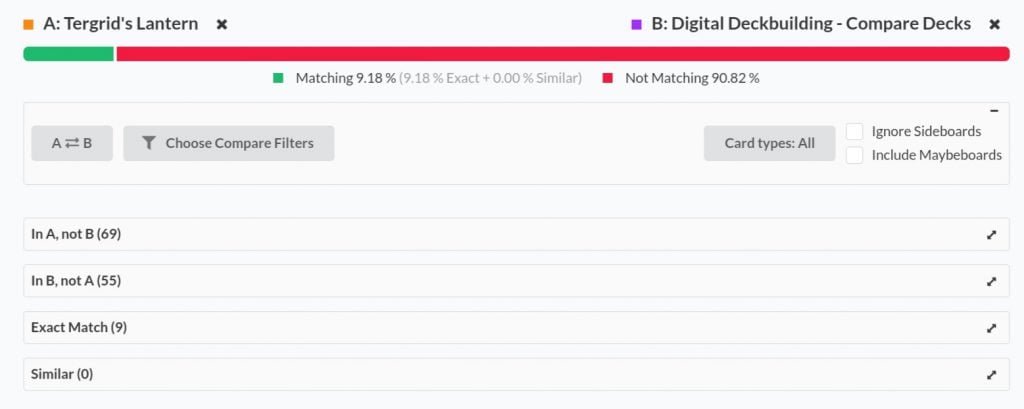 Screenshot of deck comparison results.