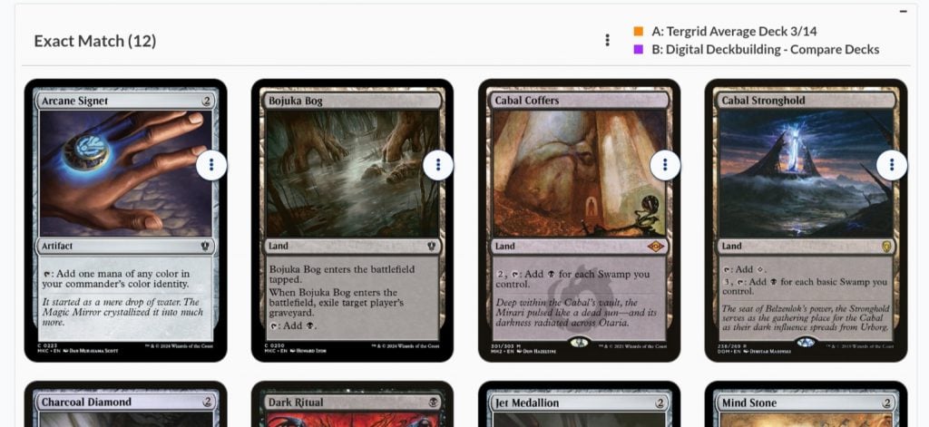 A screenshot of matching cards between two decks.