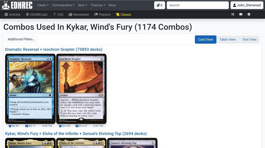 Screen shot of the the top combos in Kykar, Wind's Fury decks.