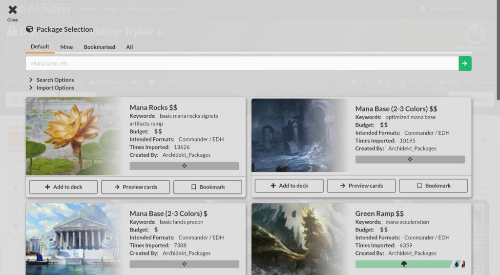Screen shot of Card Packages on Archidekt.
