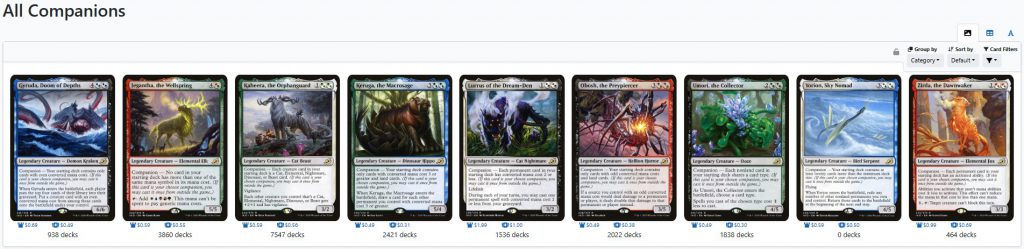 A screenshot of all the Commander-legal companion cards.