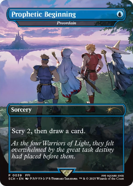 Prophetic Beginning, a reskin of Preordain. Obtained for participating in a Final Fantasy Store Championship event. Image credit: Wizards of the Coast and Square Enix