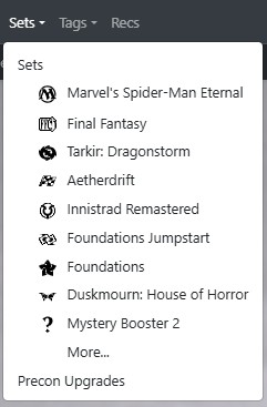 A screenshot of the Sets dropdown menu on EDHREC.