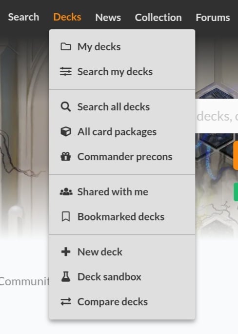A screenshot of the Decks menu on Archidekt.
