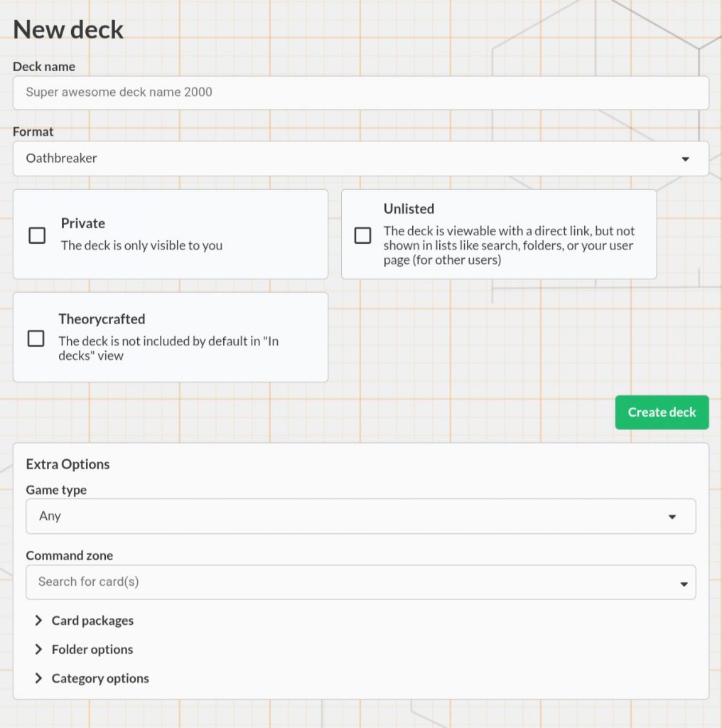 A screenshot of the New Deck creation screen on Archidekt.