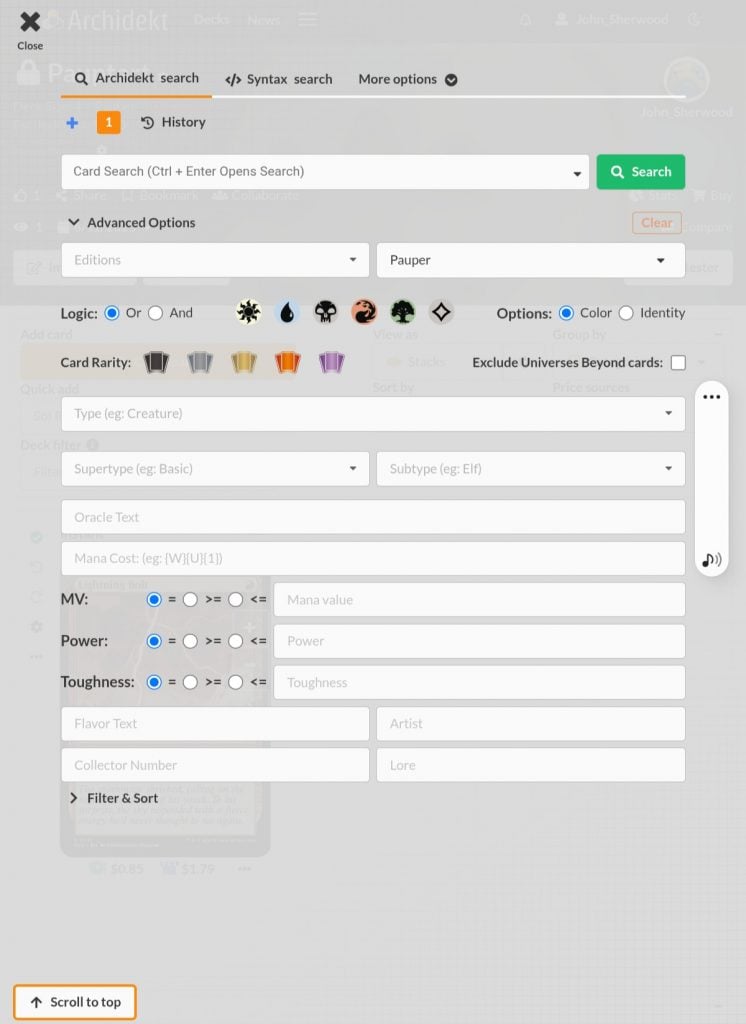 A screenshot of the Archidekt advanced card search.