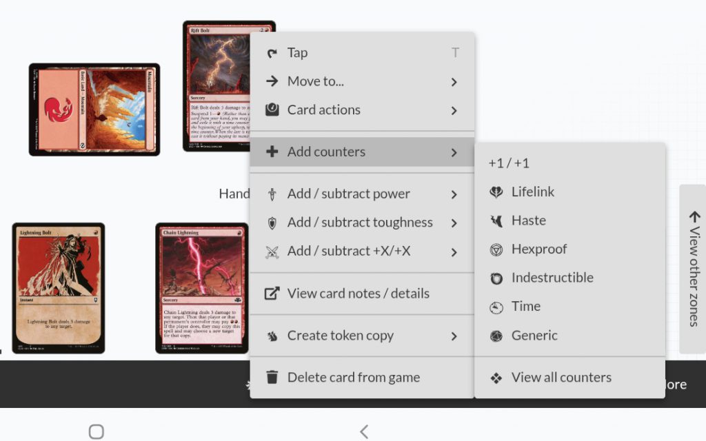 A screenshot of options for a card in the play area.