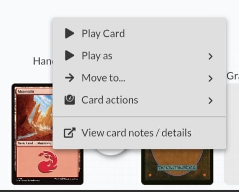 A screenshot of options for a card in hand.