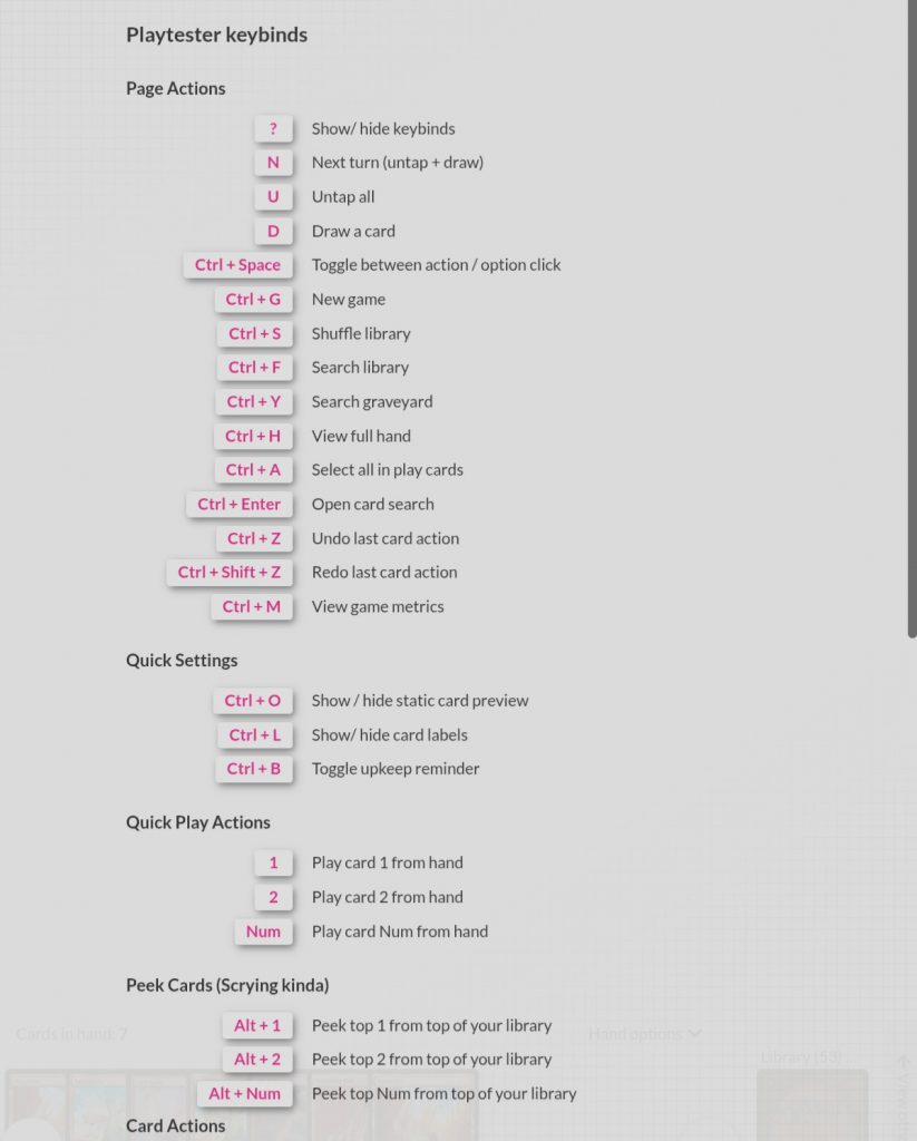 A screenshot of the playtester keybind list.
