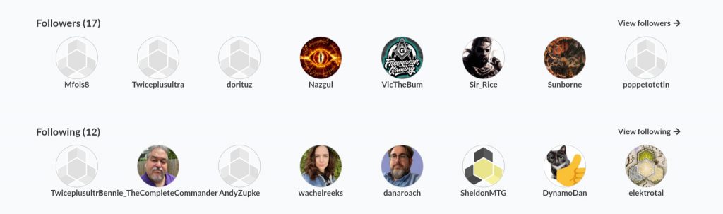 A screenshot of followers and following on Archidekt.