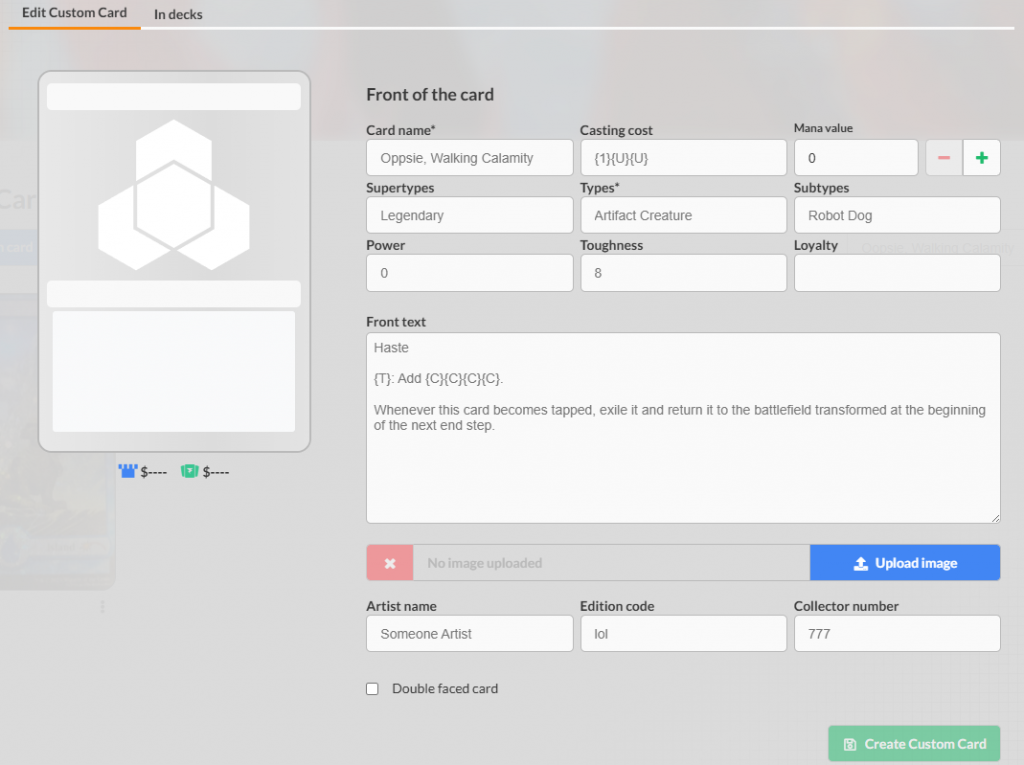 Custom card editor page