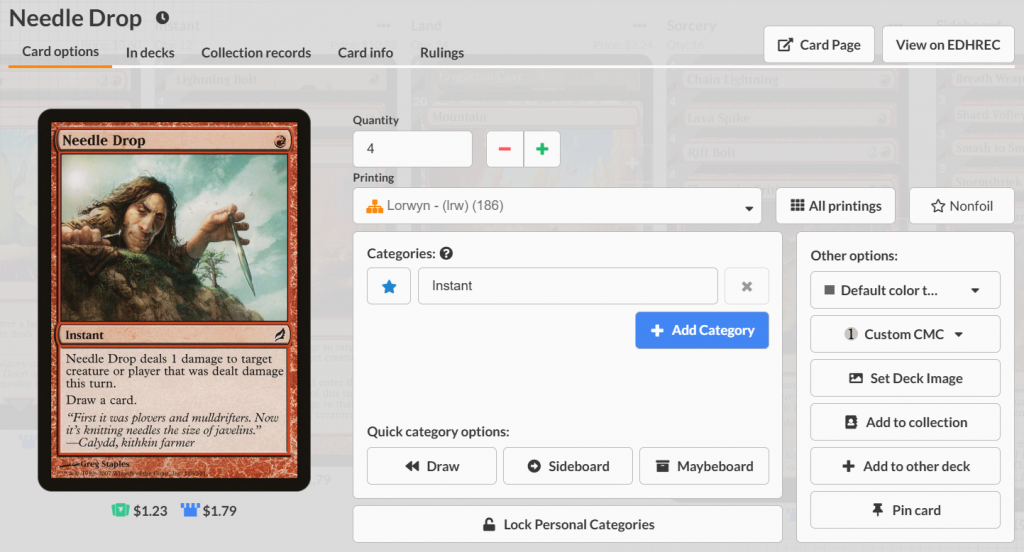 The Card options screen on Archidekt.