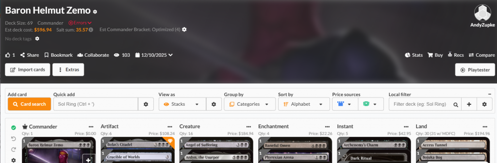 The top of the deck page is your deckbuilding dashboard.