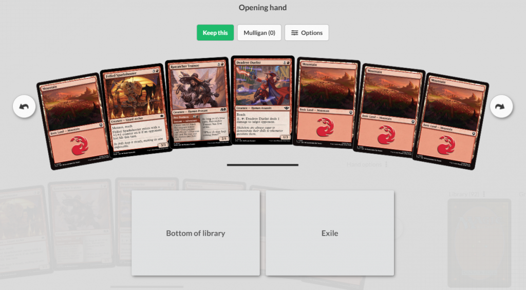 A screenshot of a prospective opening hand on the Archidekt Playtester.