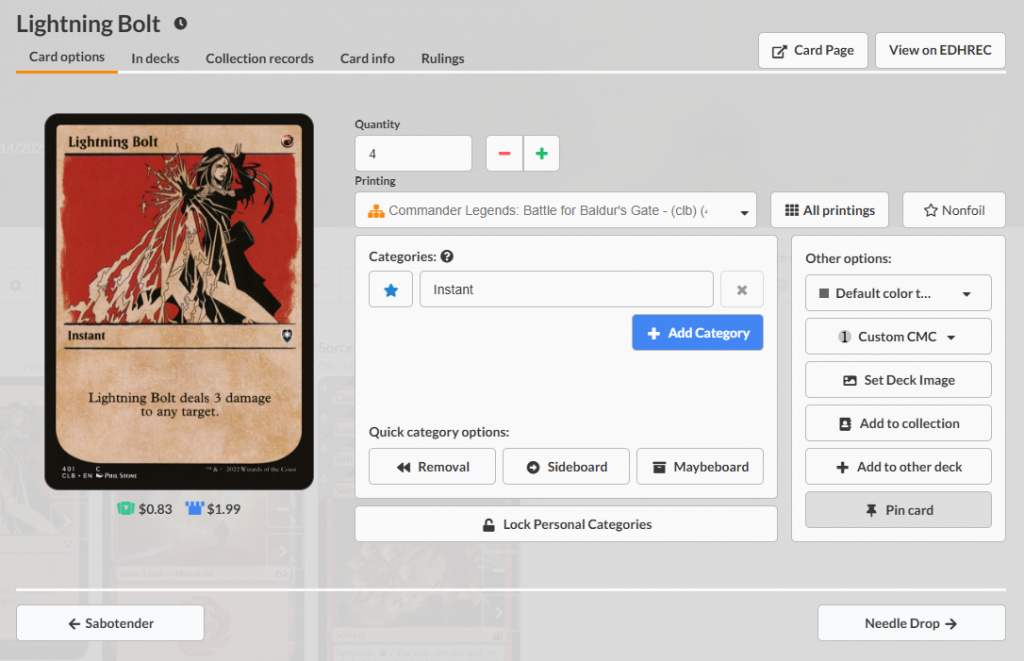 A screenshot of card details for Lightning Bolt on Archidekt.