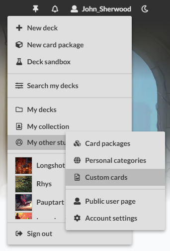 A screenshot of the menu under an Archidekt user name.
