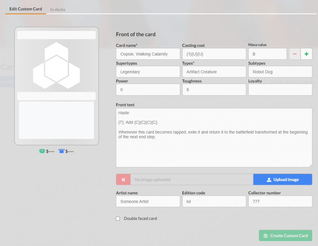 A screen shot of Archidekt's custom card editor.