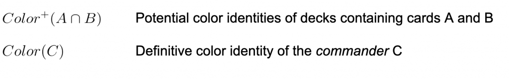 Color superscript plus of A intersect B: the potential color identities of decks that can include both card A and card B. Color of C: the definitive color identity of the commander C.