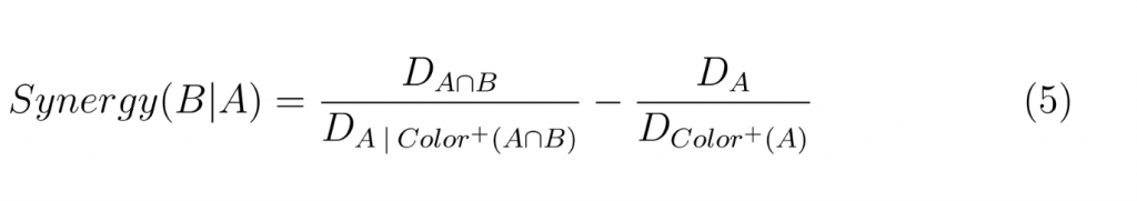 Equation 5: Synergy of B given A equals (D sub A intersect B divided by D sub A given Color⁺ of A intersect B) minus (D sub A divided by D sub Color⁺ of A).