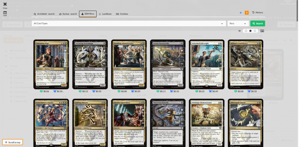 A screen shot of EDH Recs search results via Archidekt Card search.